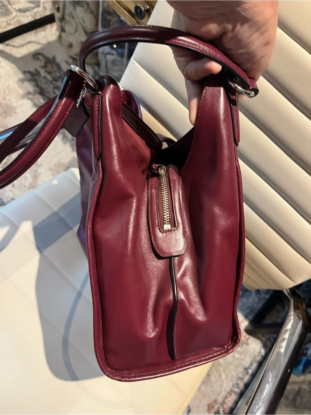 Coach Burgundy Leather Shoulder Bag with Silver Turn-Lock - Picture 6 of 10